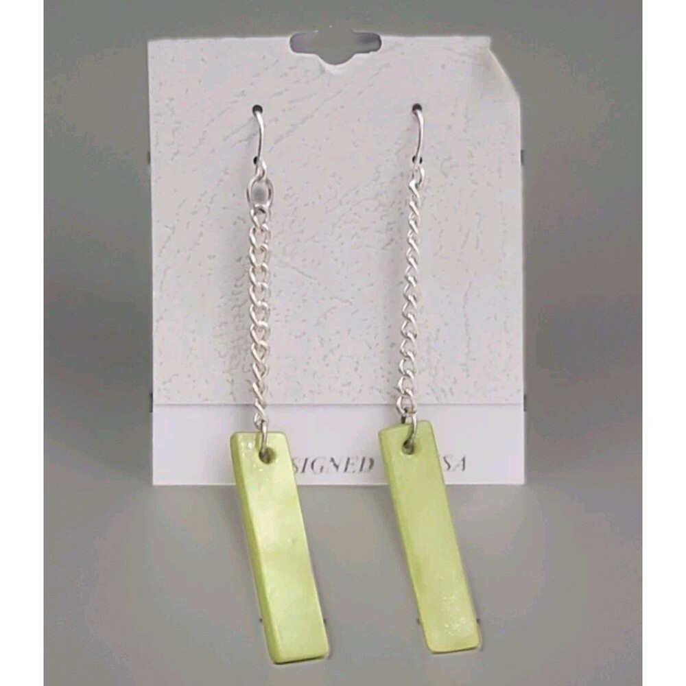 Lime Green Bar Chain Dangle Earrings Silver Tone Linear Rectangular Drop Hook